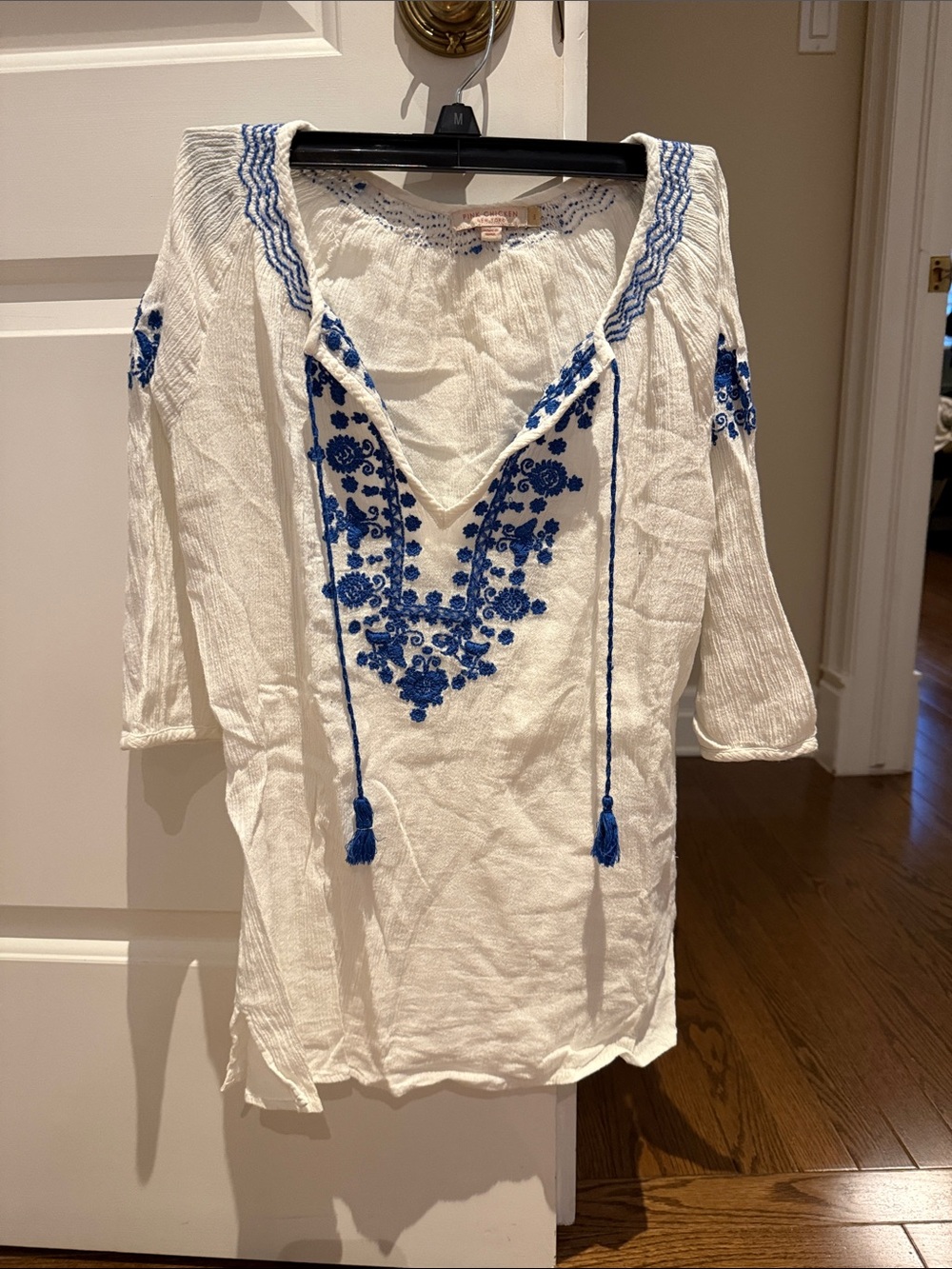 Pink Chicken White Cotton Tunic with Blue Embroidery